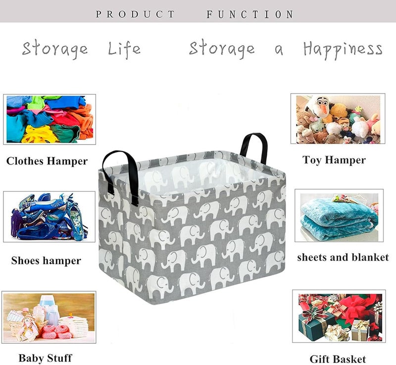 KUNRO Rectang Storage Basket Gift Shelf Basket Storage Bin, Nursery Basket Organizer Box for With Handles for Room Deco (Elephant) - Image 3